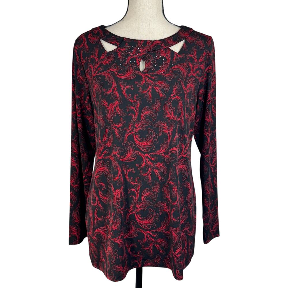 Christopher & Banks Petite Large Top Stretch Long Sleeves Keyhole Cutouts Multi